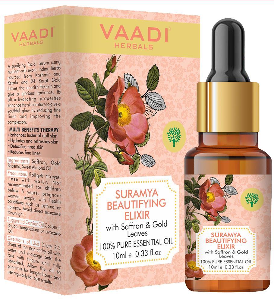 Organic Suramya Beautifying Elixr (Pure Mix of Saffron, 24k Gold Leaves & Sweet Almond Oil) - Reduces Fine Lines, Improves Skin Complexion & Gives a Natural Glow (10 ml/ 0.33 oz)