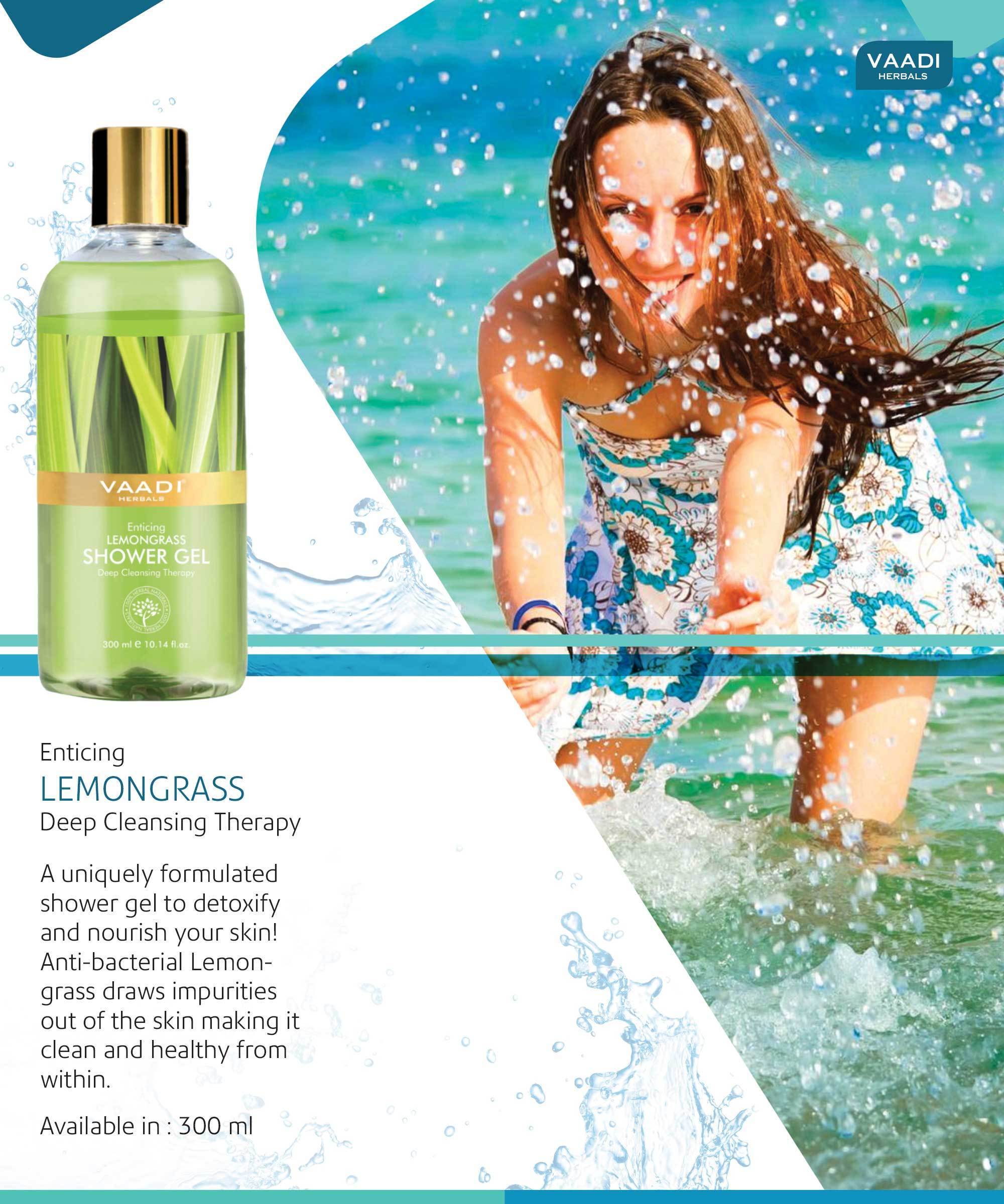 Enticing Organic Lemongrass Shower Gel Deep Nourishing Anti Bacterial Makes Skin Healthy 3 x 300 ml 10.2 fl oz