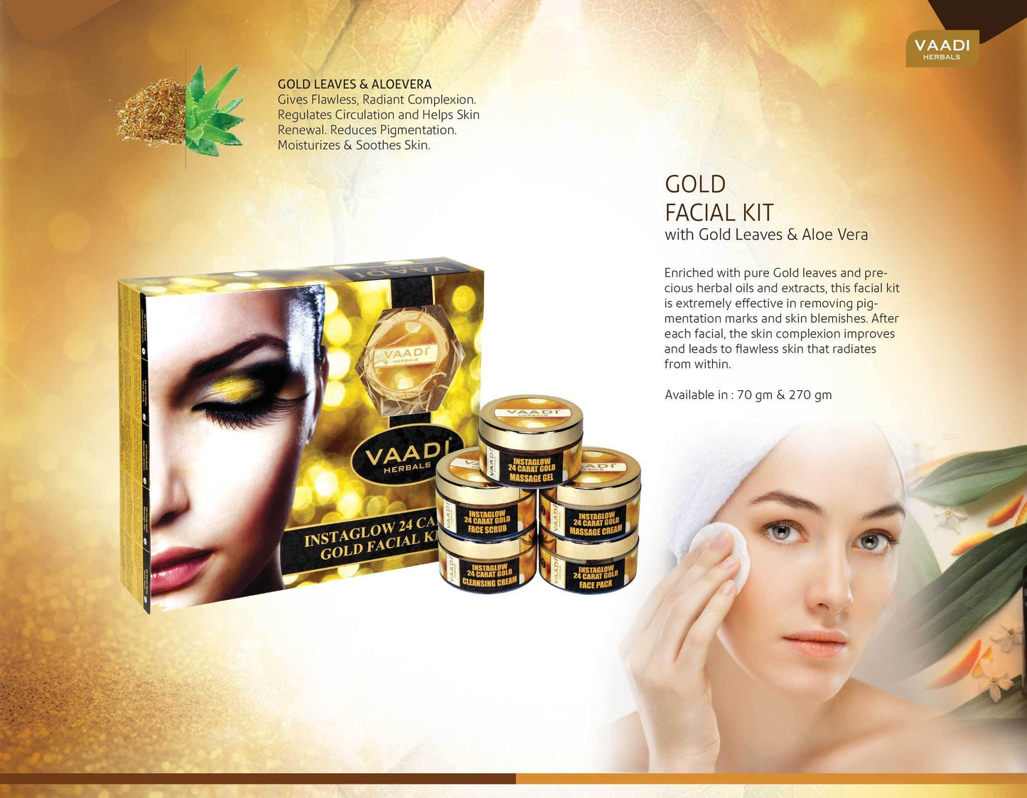 Organic 24 Carat Gold Facial Kit with Gold Leaves, Marigold & Wheatgerm Oil, Lemon Peel - Brightens Skin and Gives Glow (70 gms/2.5 oz)