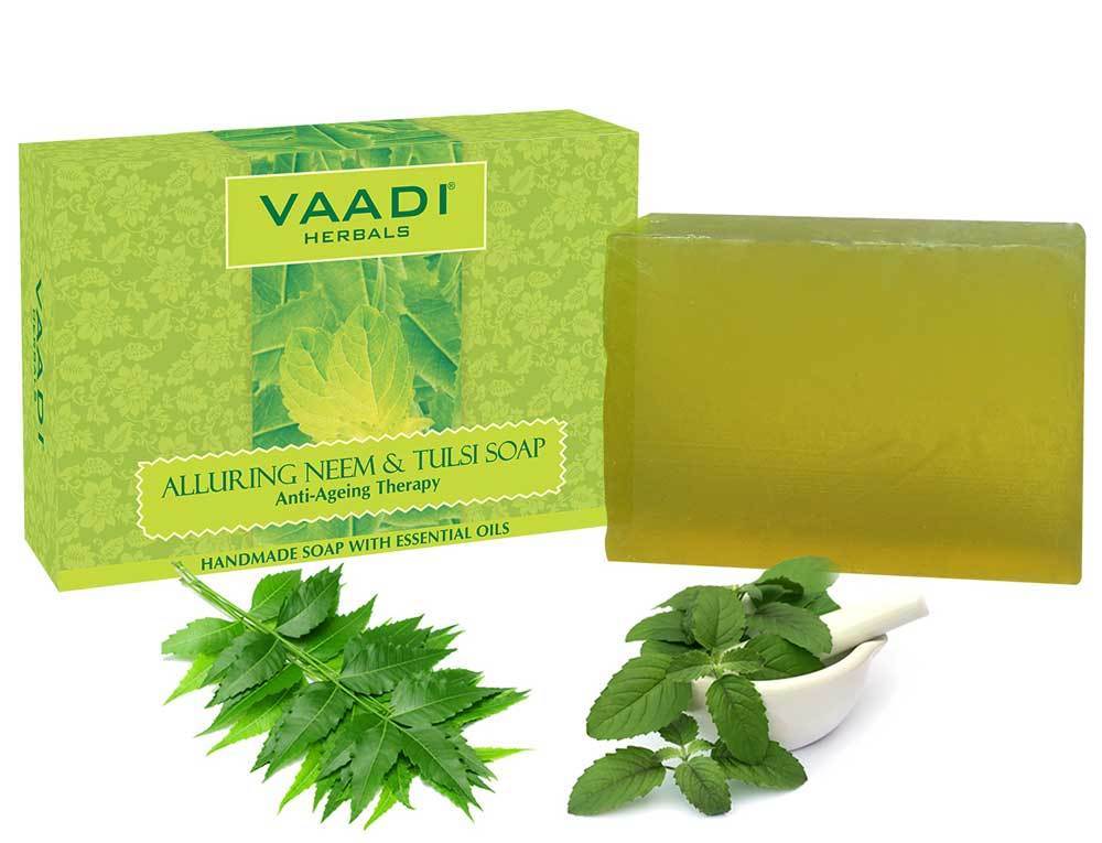 Organic Alluring Neem Tulsi Soap with Aloe Vera, Vitamin E & Tea Tree Oil - Prevents Ageing - Protects Skin (75 gms / 2.7 oz)