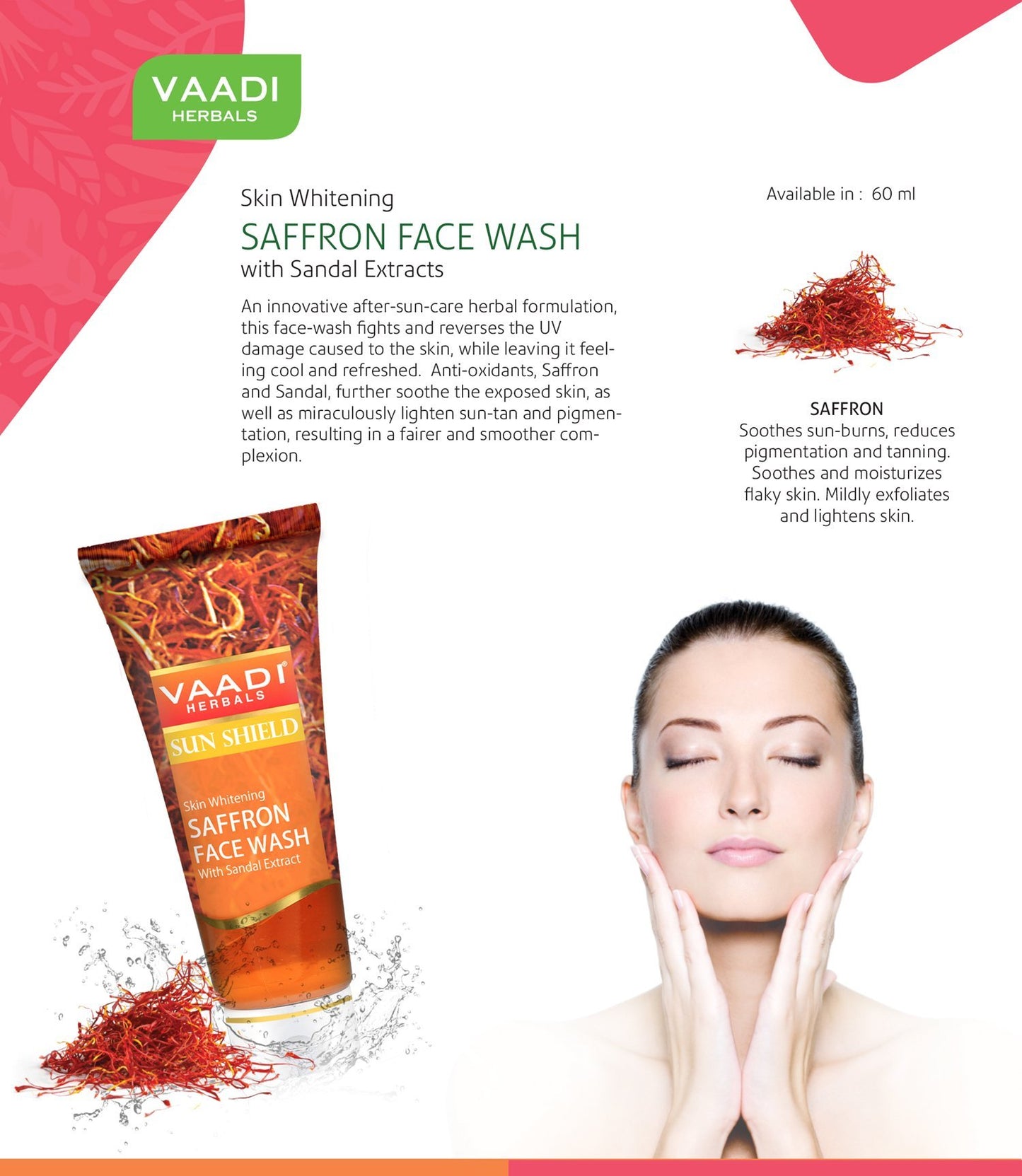 Skin Whitening Organic Saffron Face Wash with Sandalwood - Protects Skin from Sun - Lightens Pigmentation (4 x 60 ml/2.1 fl oz)