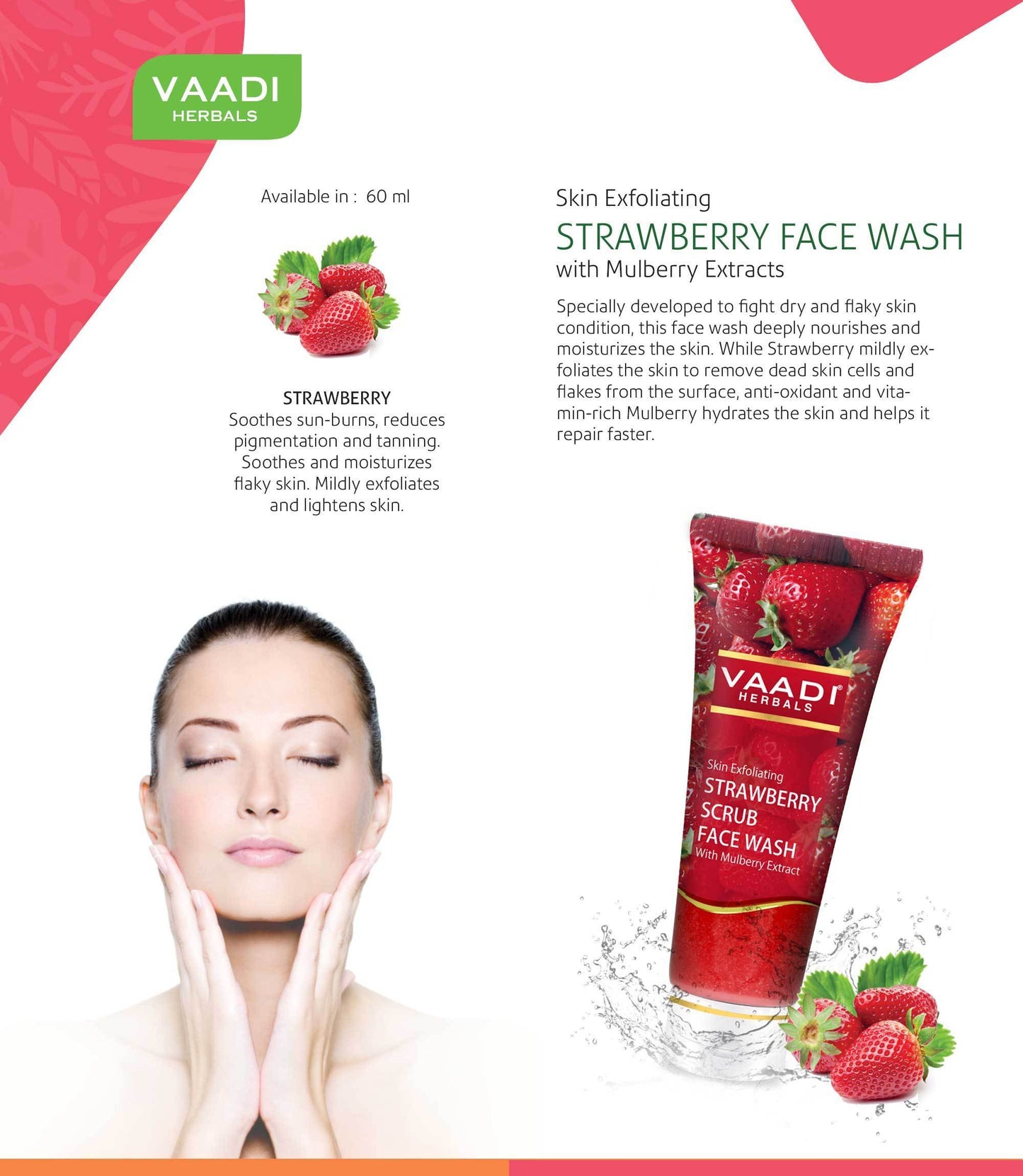 Skin Exfoliating Organic Strawberry Scrub Face Wash with Mulberry Extract- Removes Dead Skin - Deeply Nourishes Skin ( 4 x 60ml/ 21.1 fl oz)